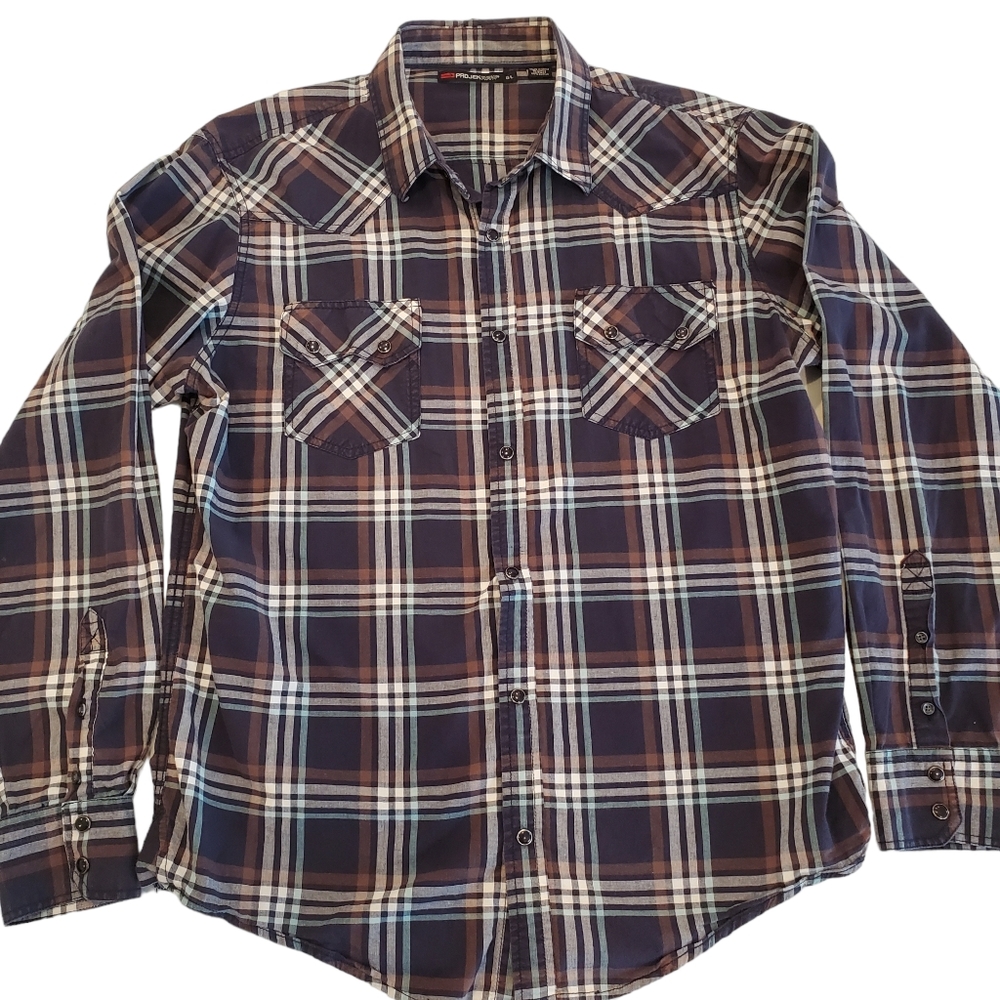 Projek Raw Men's Western Shirt Pearl Snaps Flap Pockets Black Brown Blue Plaid L